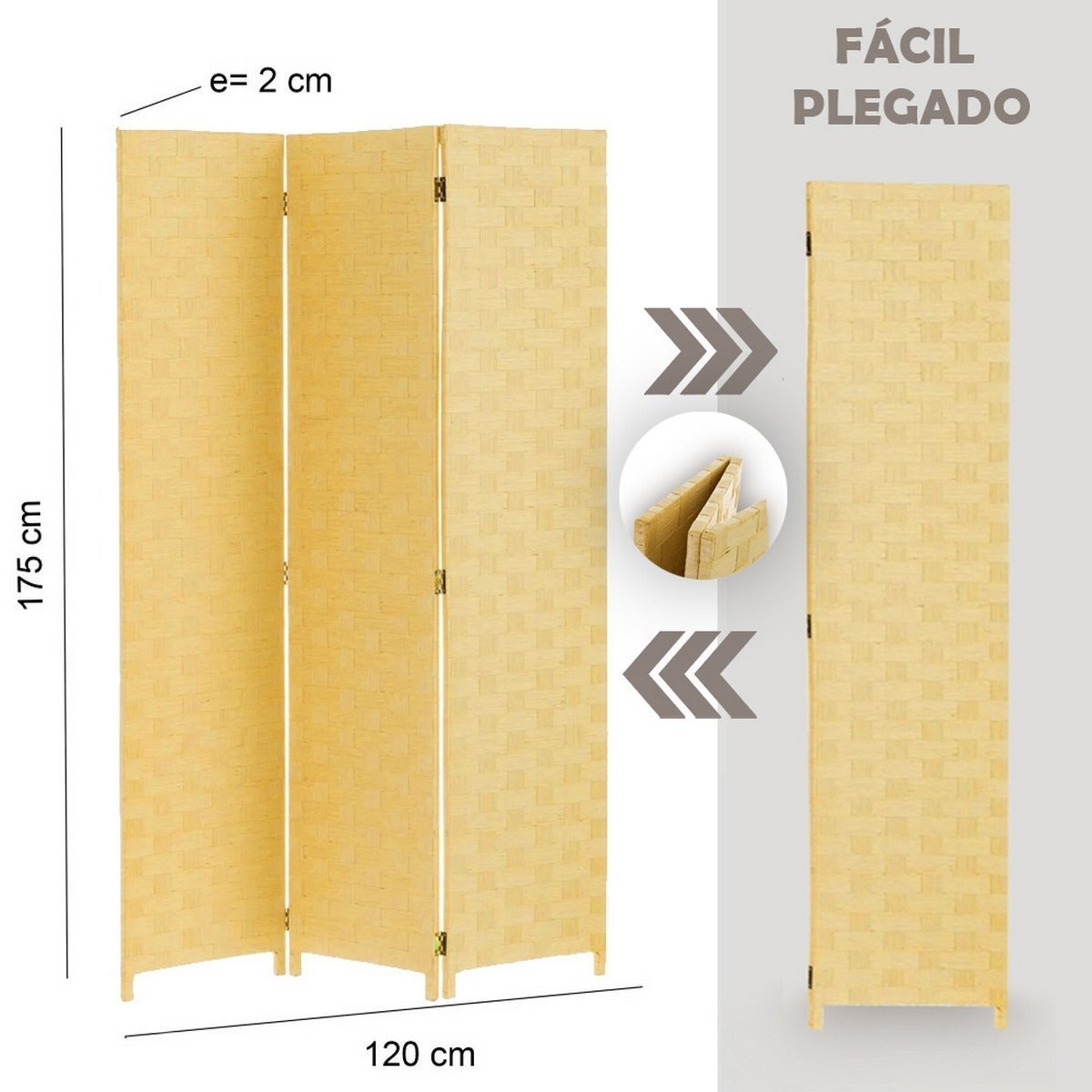 Biombo de papel trenzado beige plegable en 3 secciones de 120x175 cm