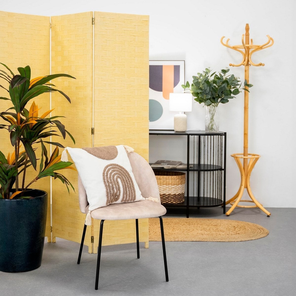 Biombo de papel trenzado beige plegable en 3 secciones de 120x175 cm