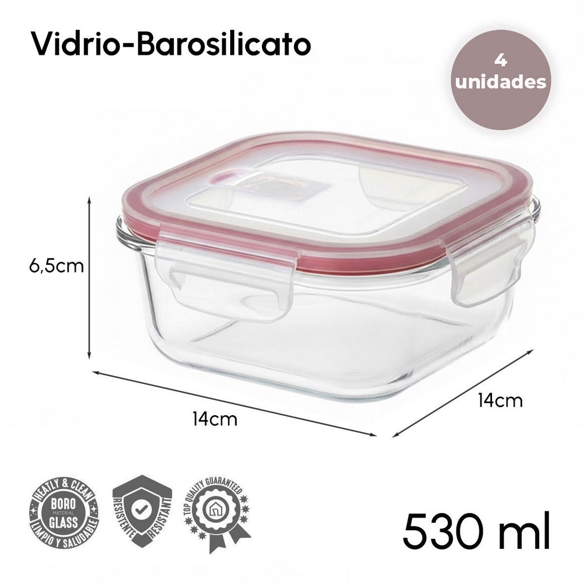 Set de 4 Táper de Vidrio con Válvula de 530 ml (14x14x6,5 cm)