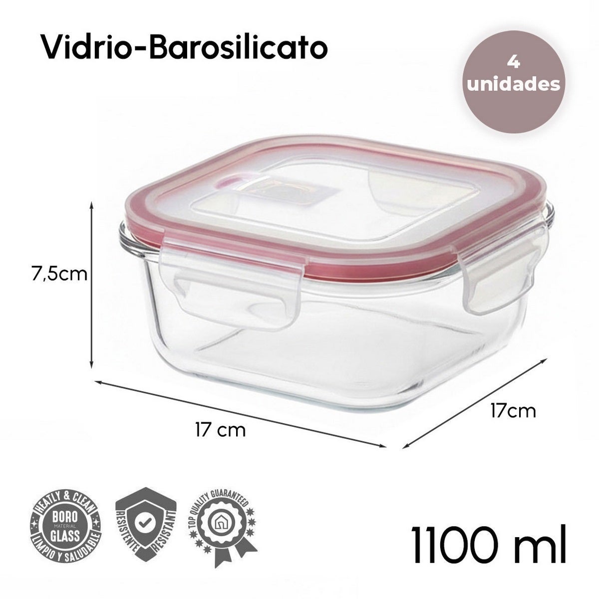 Set de 4 Táper de Vidrio con Válvula de 1100 ml (19x19x7,5 cm)