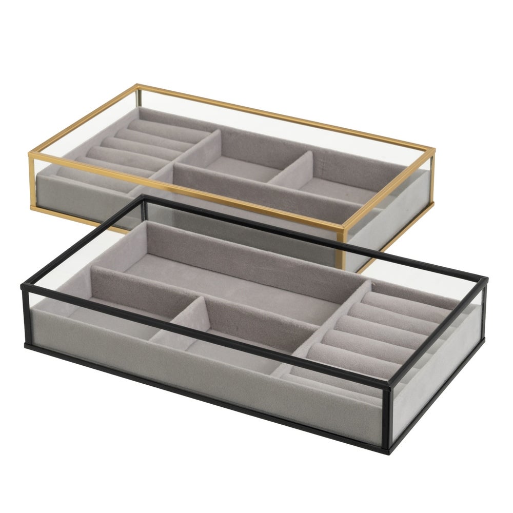 Set 2 Bandejas Joyero Metal y Cristal Negro/Dorado 25x14cm