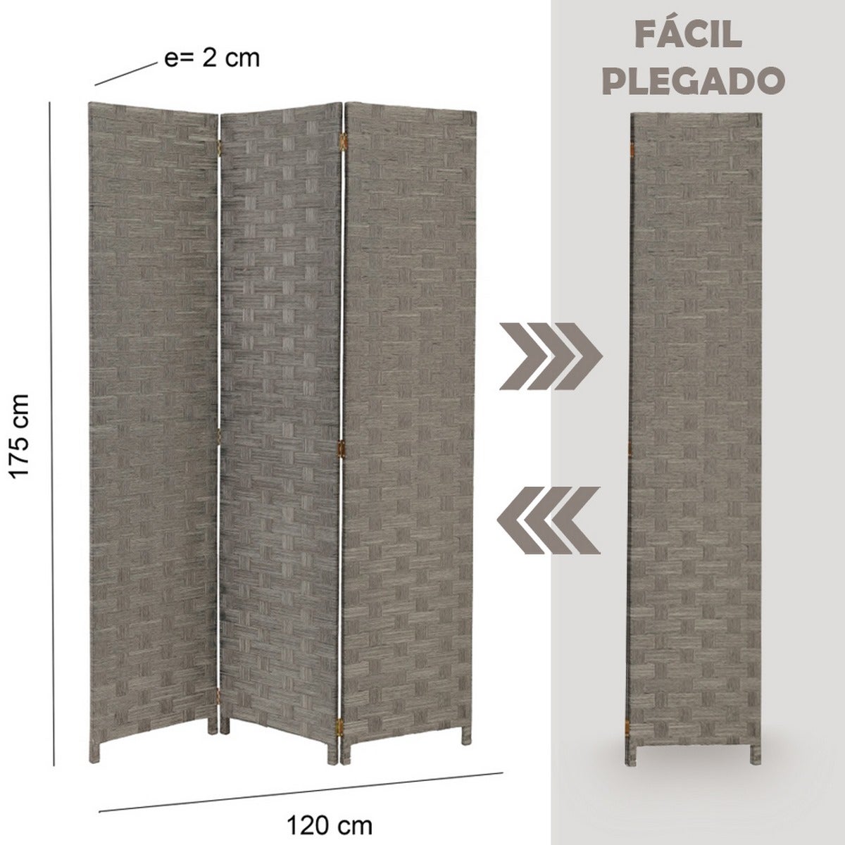 Biombo de papel trenzado gris plegable en 3 secciones de 120x175 cm