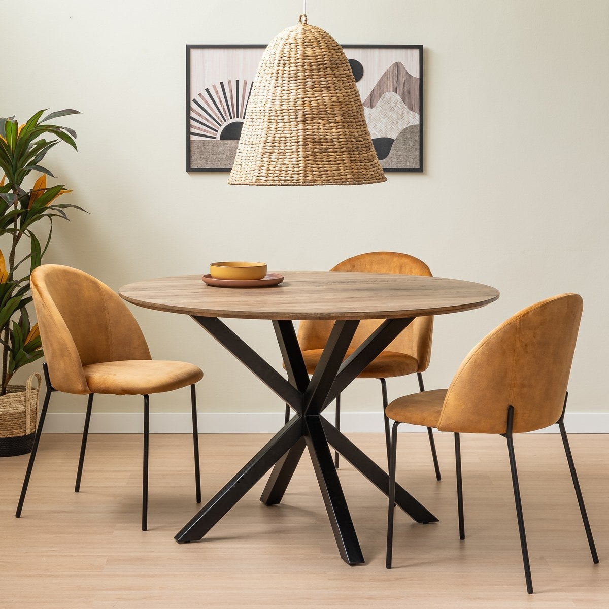 Mesa de comedor 6 personas redonda de metal y DM negra 120 cm