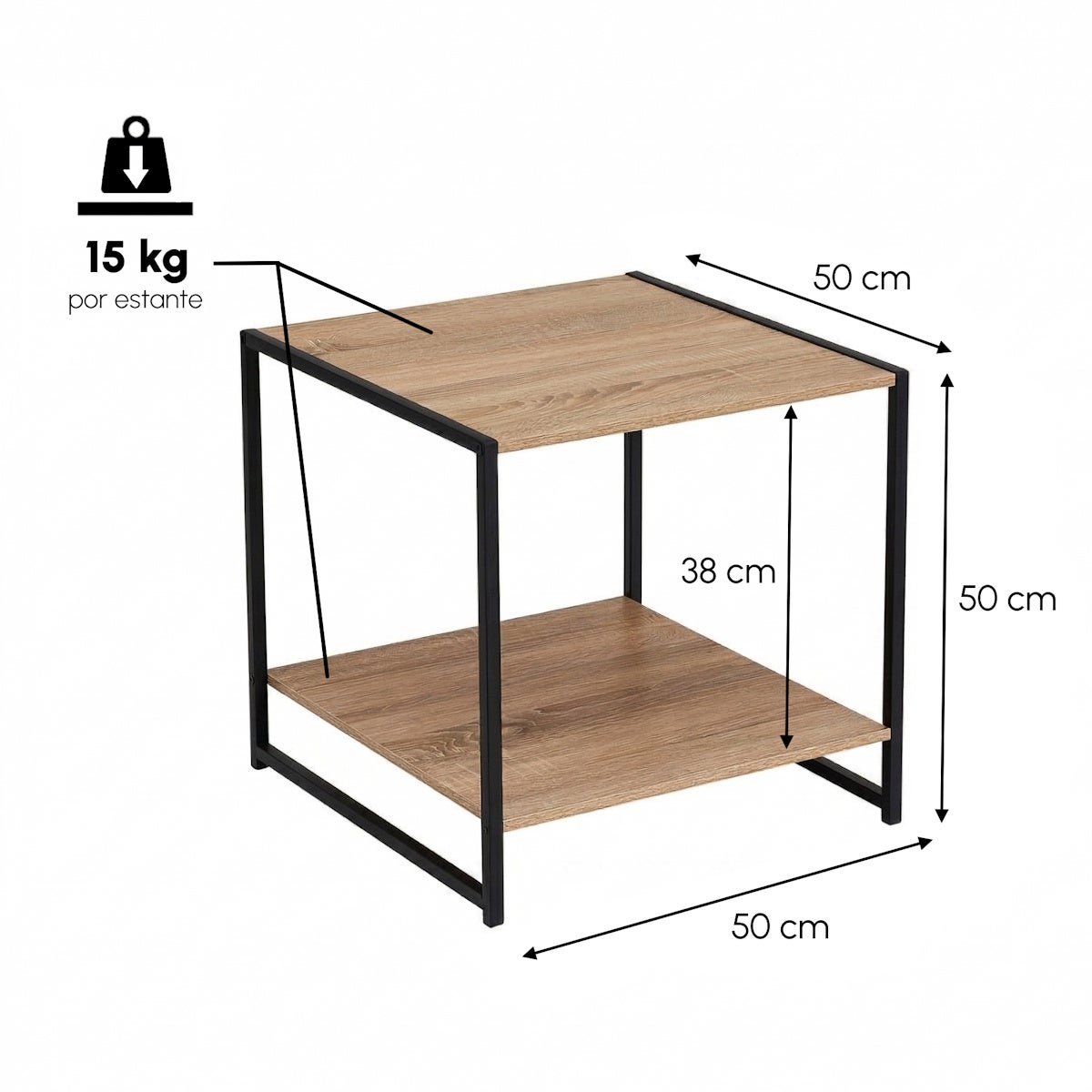 Mesa auxiliar Urban de metal negro y tablero natural 50x50x50cm
