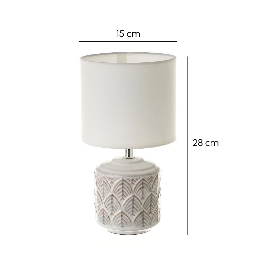 Lámpara de mesa de cerámica beige y pantalla blanca de 15x28 cm