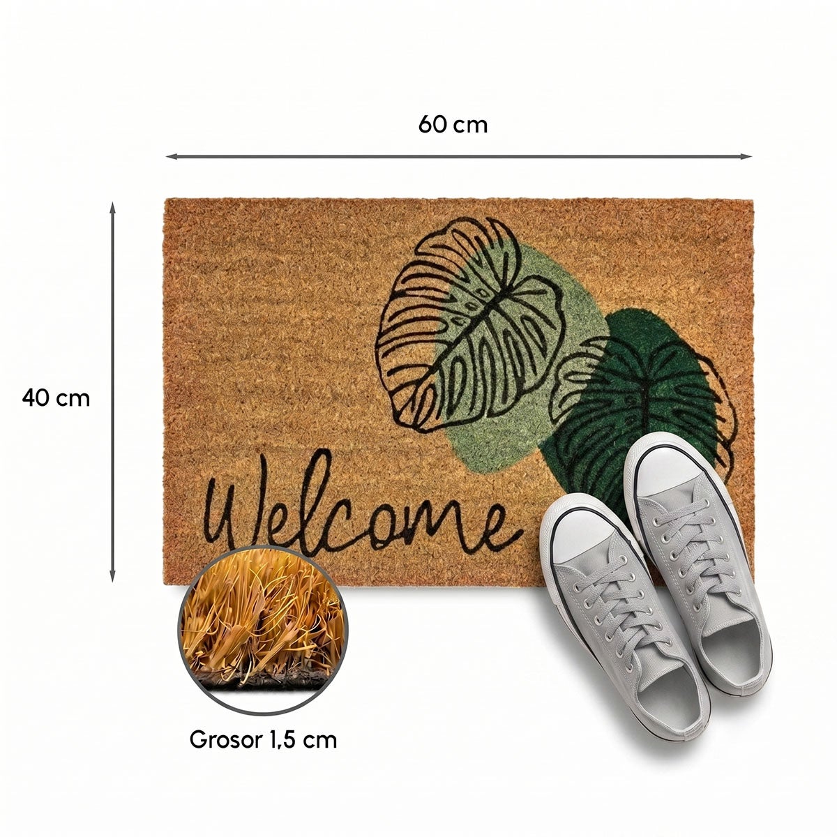 Felpudo antideslizante de fibra de coco natural modelo Welcome de 60x40 cm