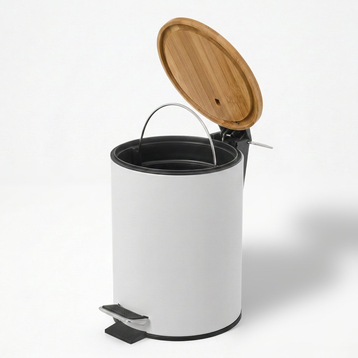 Papelera de baño de pedal de metal y tapa de bambú de 3 litros
