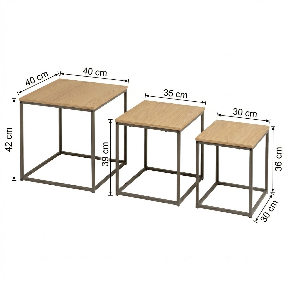 Set de 3 mesitas nido cubo de metal y madera natural