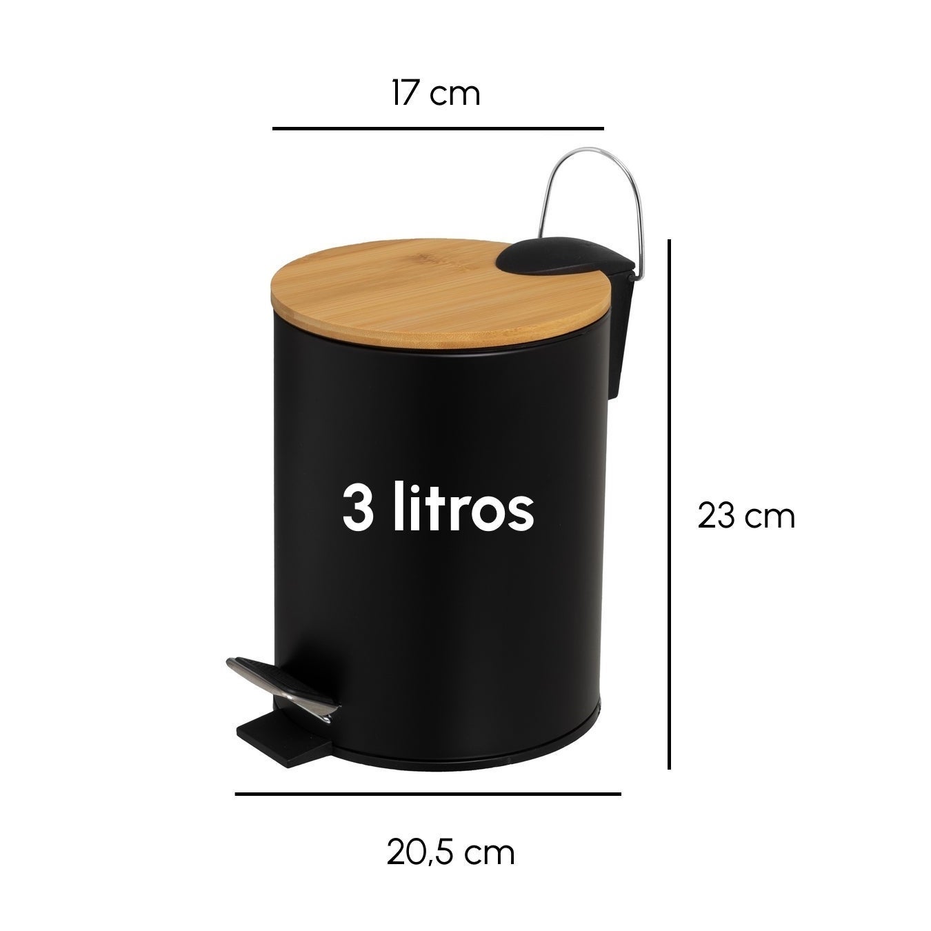 Papelera de baño de pedal de metal y tapa de bambú de 3 litros