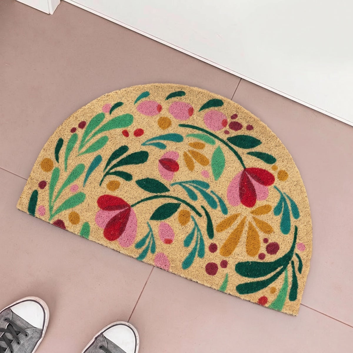 Felpudo antideslizante de fibra de coco natural semicircular de 60x40 cm