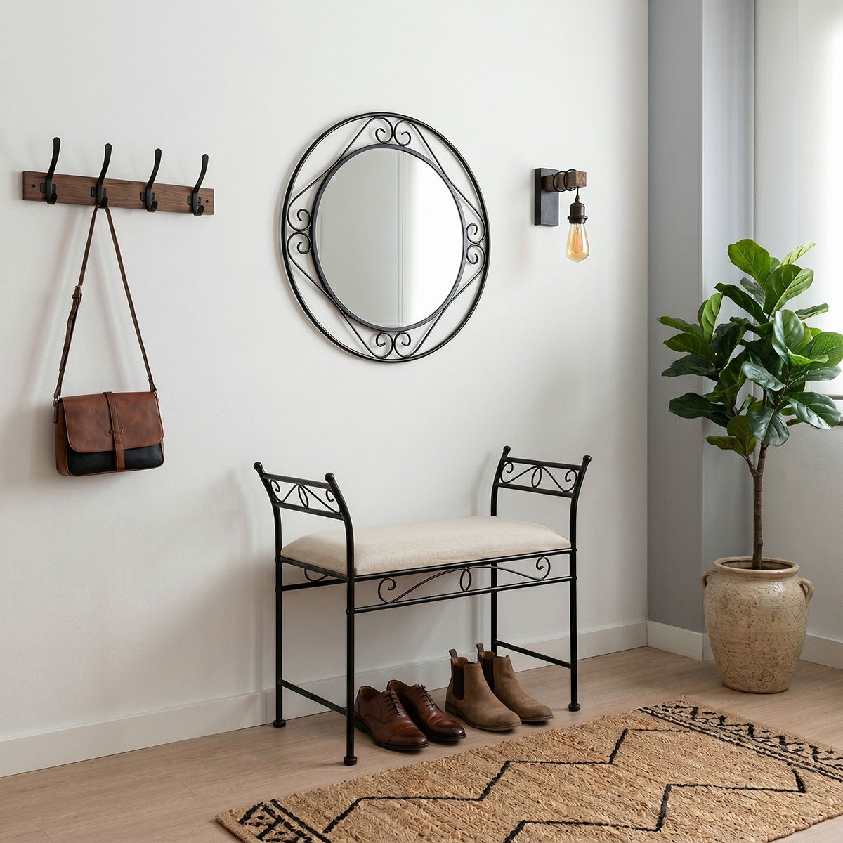 Banqueta pie de cama de metal negro tapizado en lino beige de 74 cm