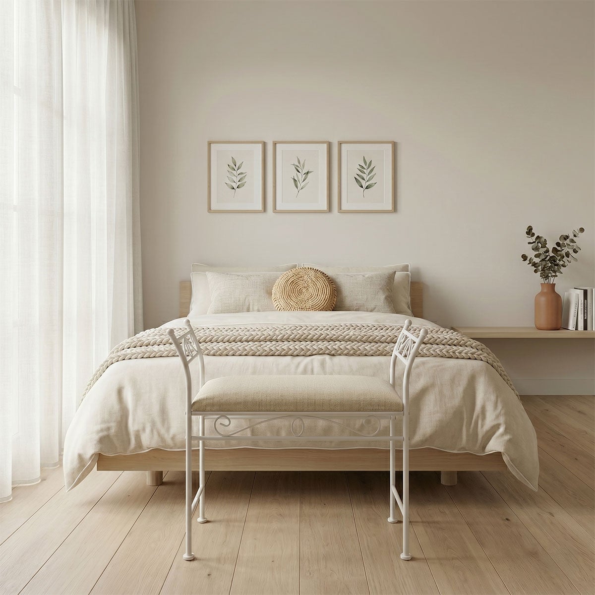 Banqueta pie de cama de metal blanco tapizado en lino beige de 74 cm
