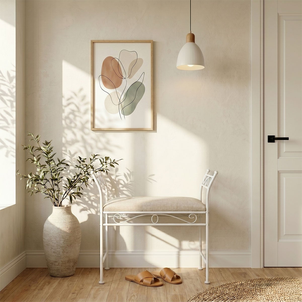 Banqueta pie de cama de metal blanco tapizado en lino beige de 74 cm