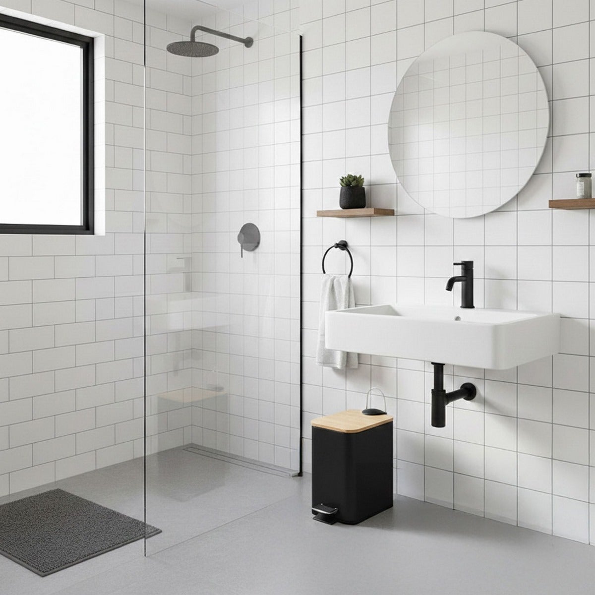 Papelera de pedal rectangular negra de 5 litros con tapa de bambú