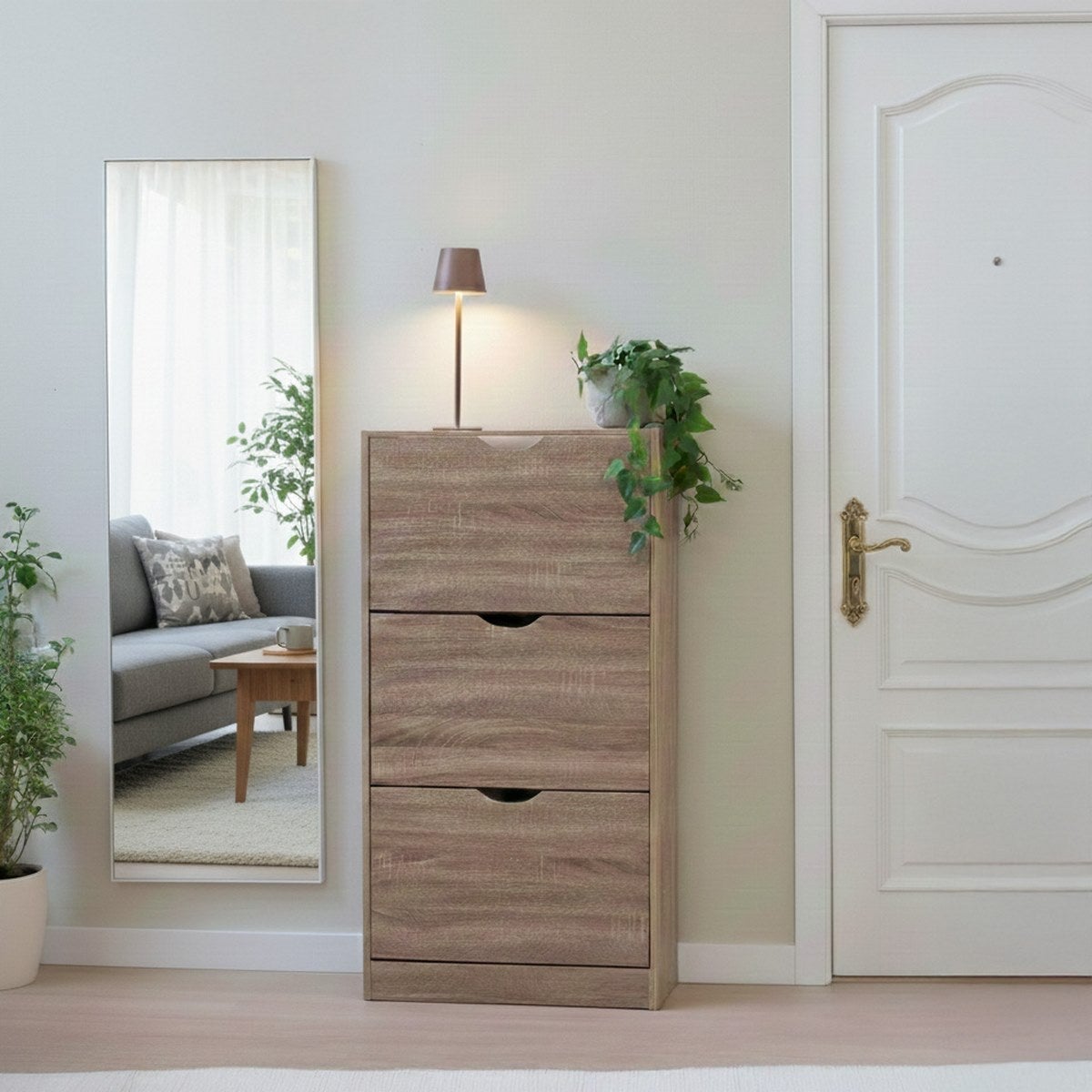Zapatero estrecho de 3 puertas color natural de 60x24x115 cm