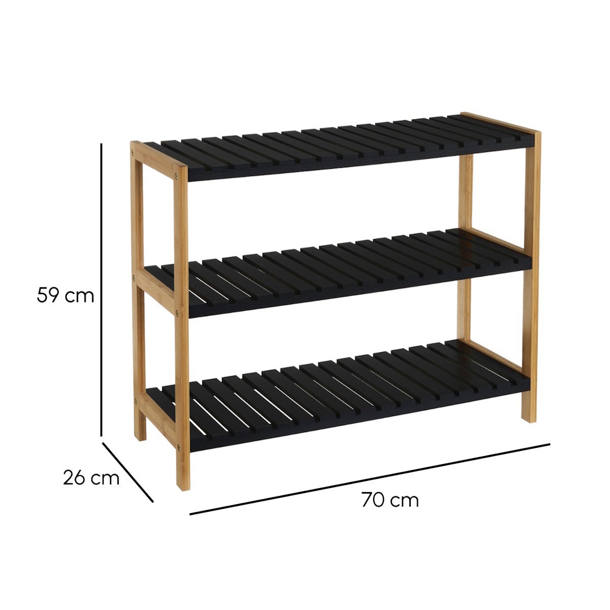 Zapatero Negro de Bambú-Madera Laminada de 3 Baldas 70x26x59 cm