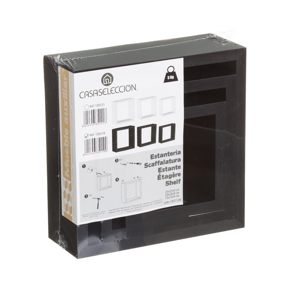 Set de 3 Estantes de Pared Cuadrados Negros 25x25x9 cm