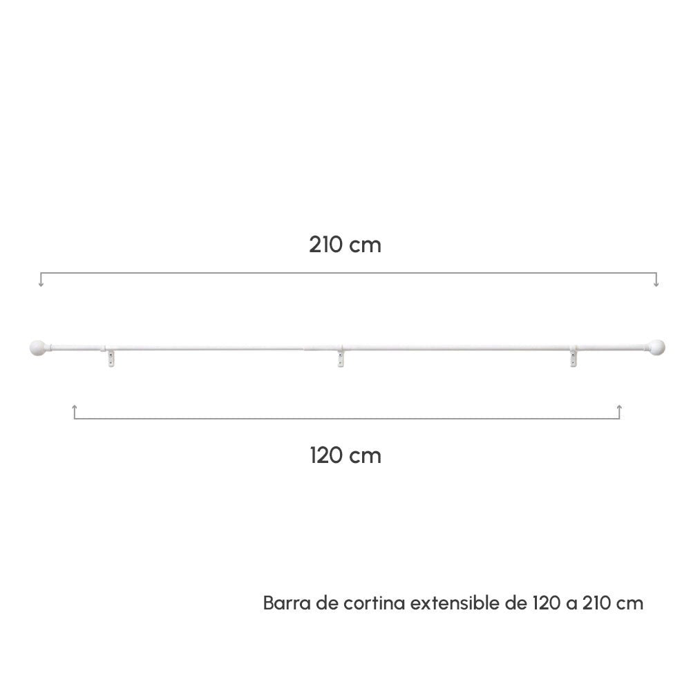 Barra cortina extensible blanca de metal de 120 a 210 cm con terminales