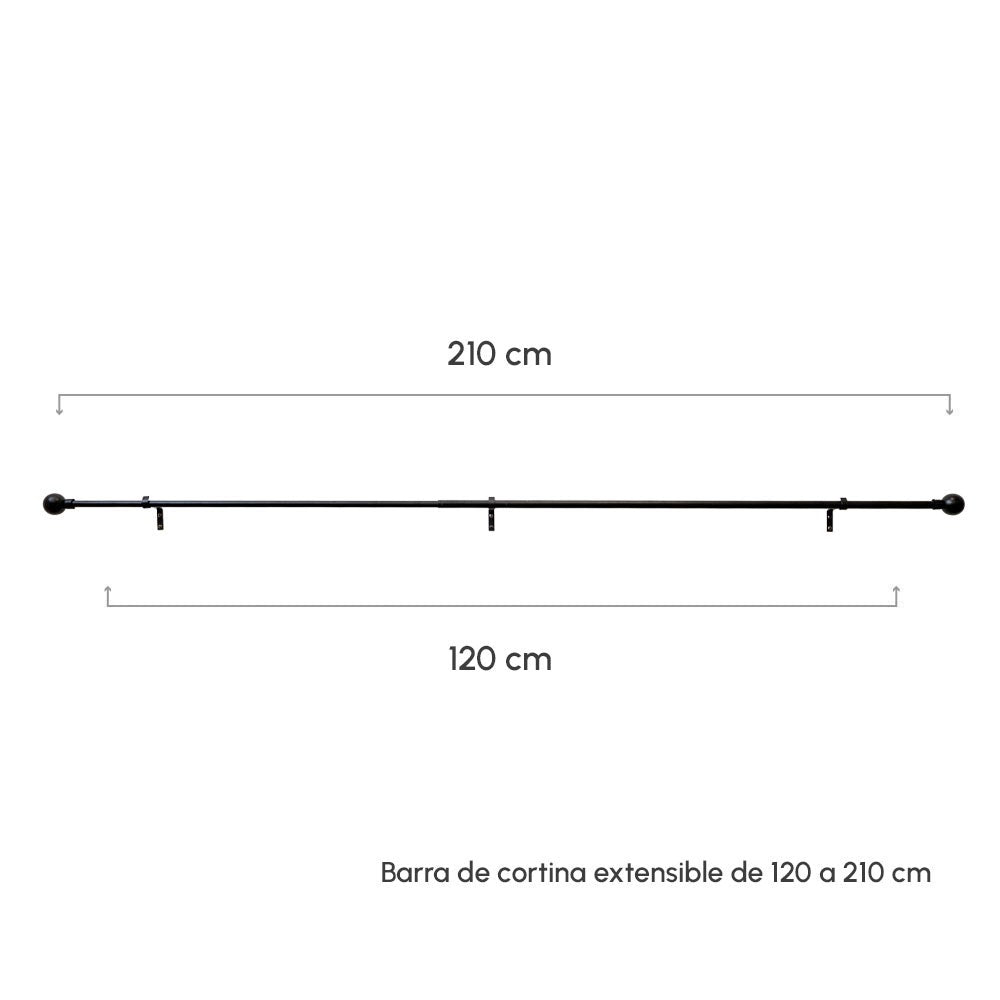 Barra cortina extensible negra de metal de 120 a 210 cm con terminales