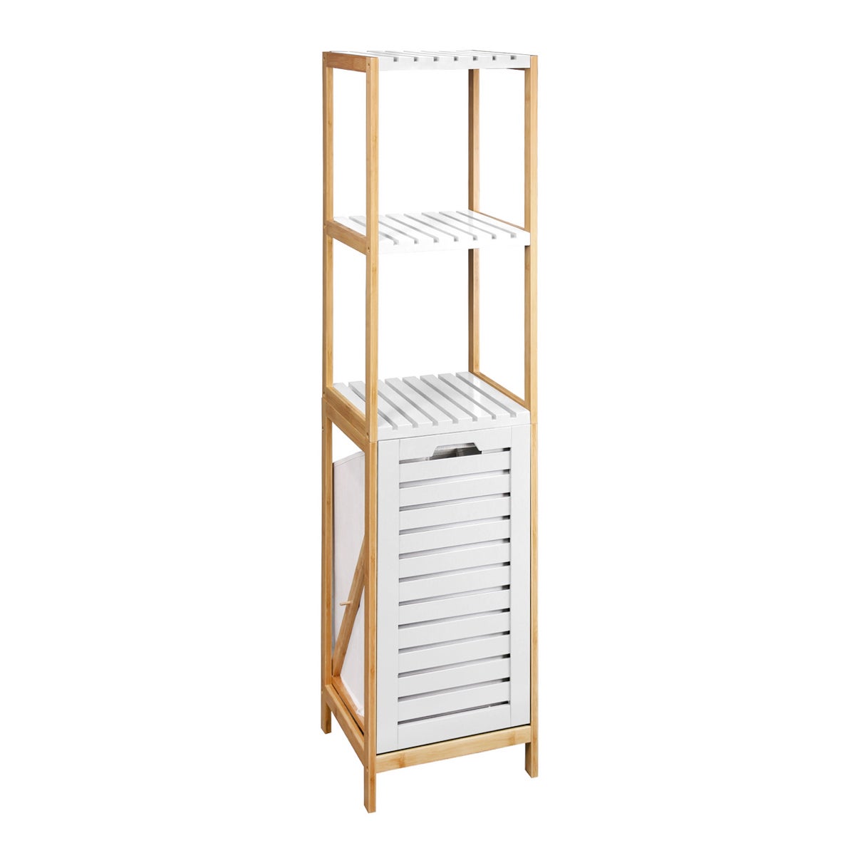 Estanterí­a con cesto de bambú natural blanca de 140x33x34 cm