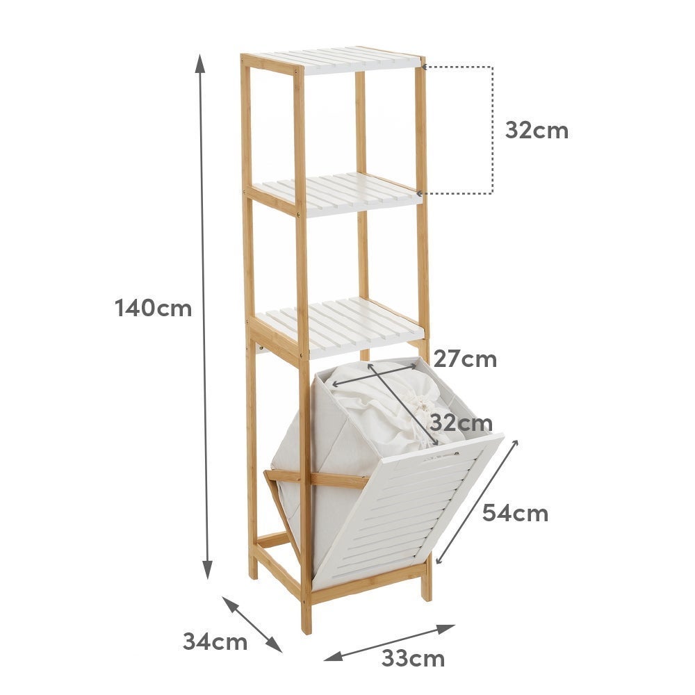 Estanterí­a con cesto de bambú natural blanca de 140x33x34 cm