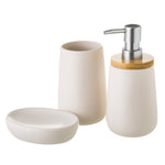 Set de dispensador y portacepillos de baño en cerámica blanca y bambú