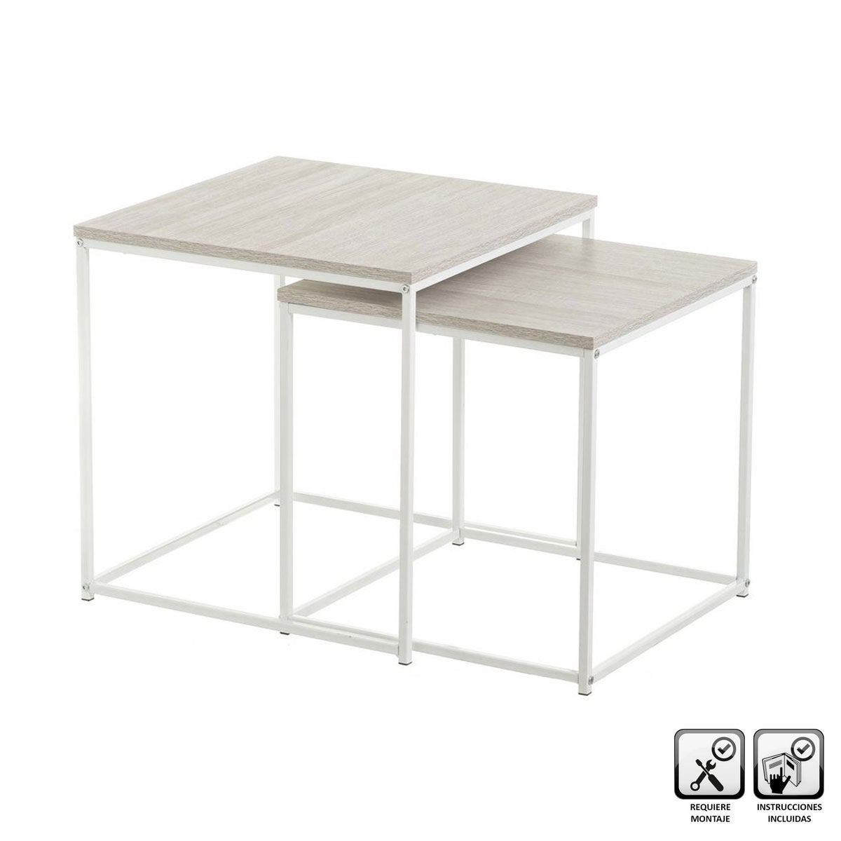 Set de 2 mesas nido pequeñas de madera natural y metal color blanco
