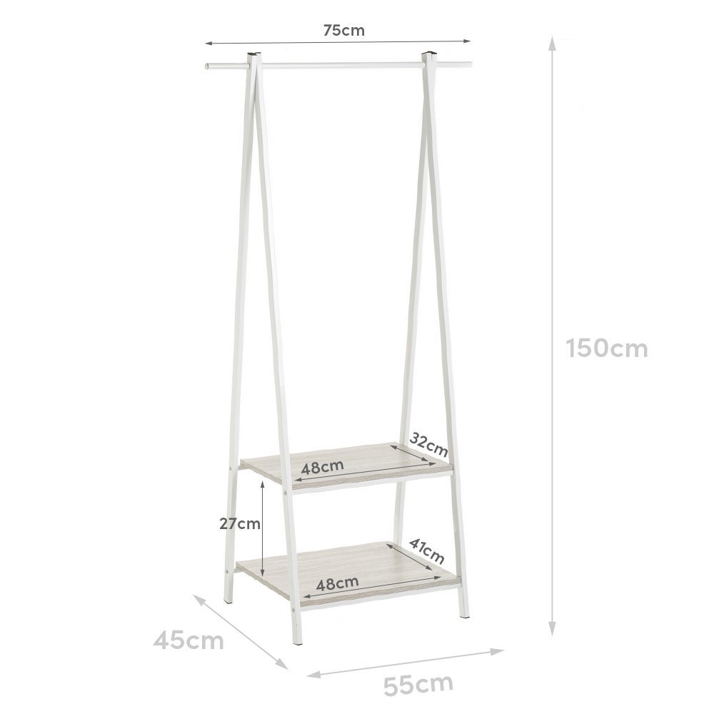 Perchero de madera y metal blanco con barra y baldas 55x45x150 cm