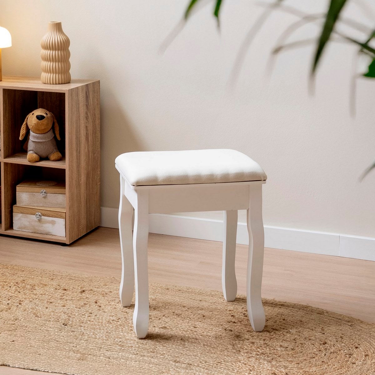 Banqueta de tocador de madera de paulonia blanca de 39x30x50 cm