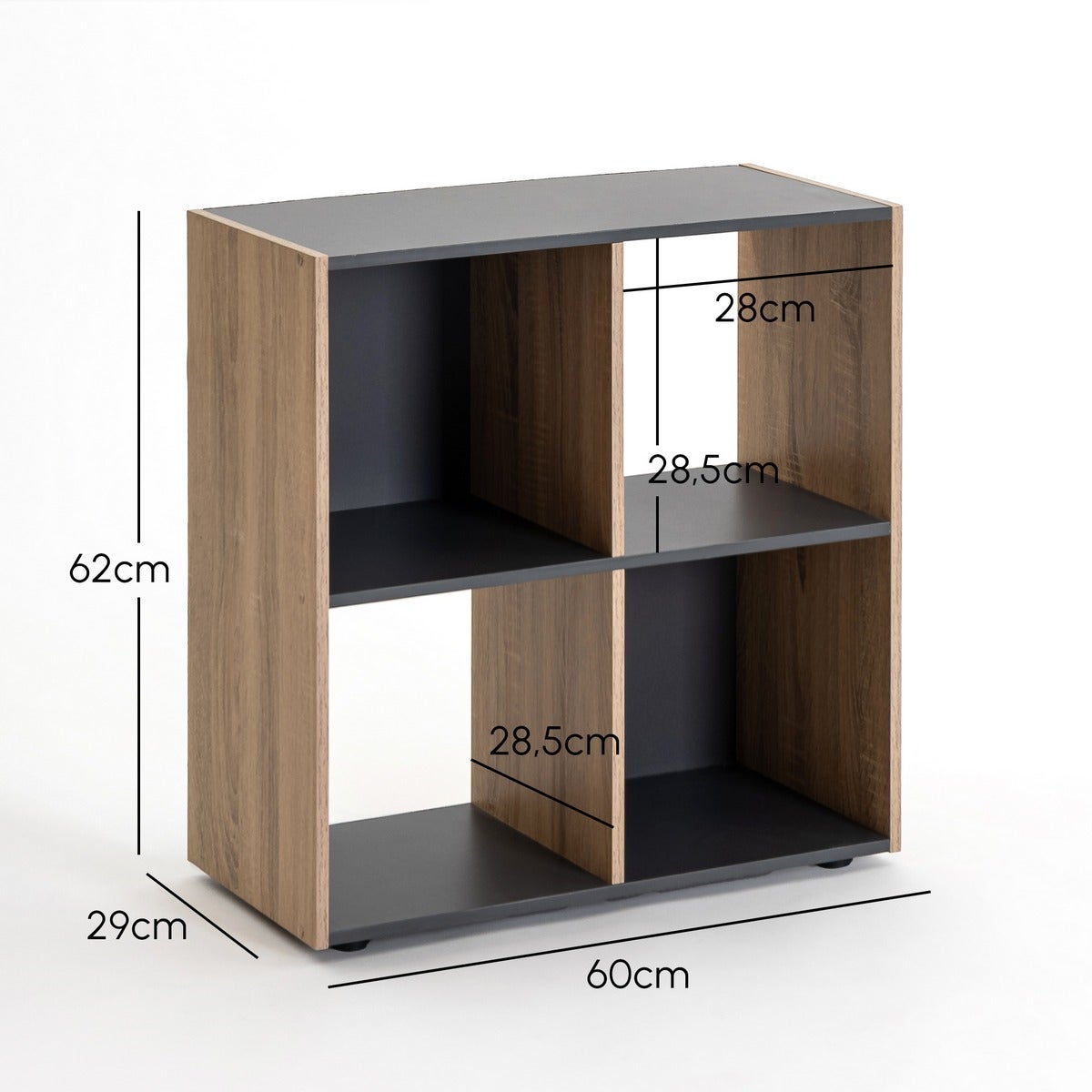 Estantería cubo de madera MDF gris y natural de 60x29x62 cm