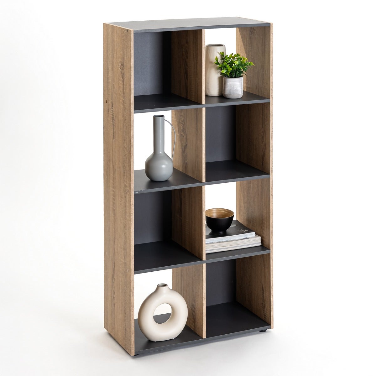 Estante Cubo com 8 nichos laminado cinza e carvalho de 120x60x30 cm
