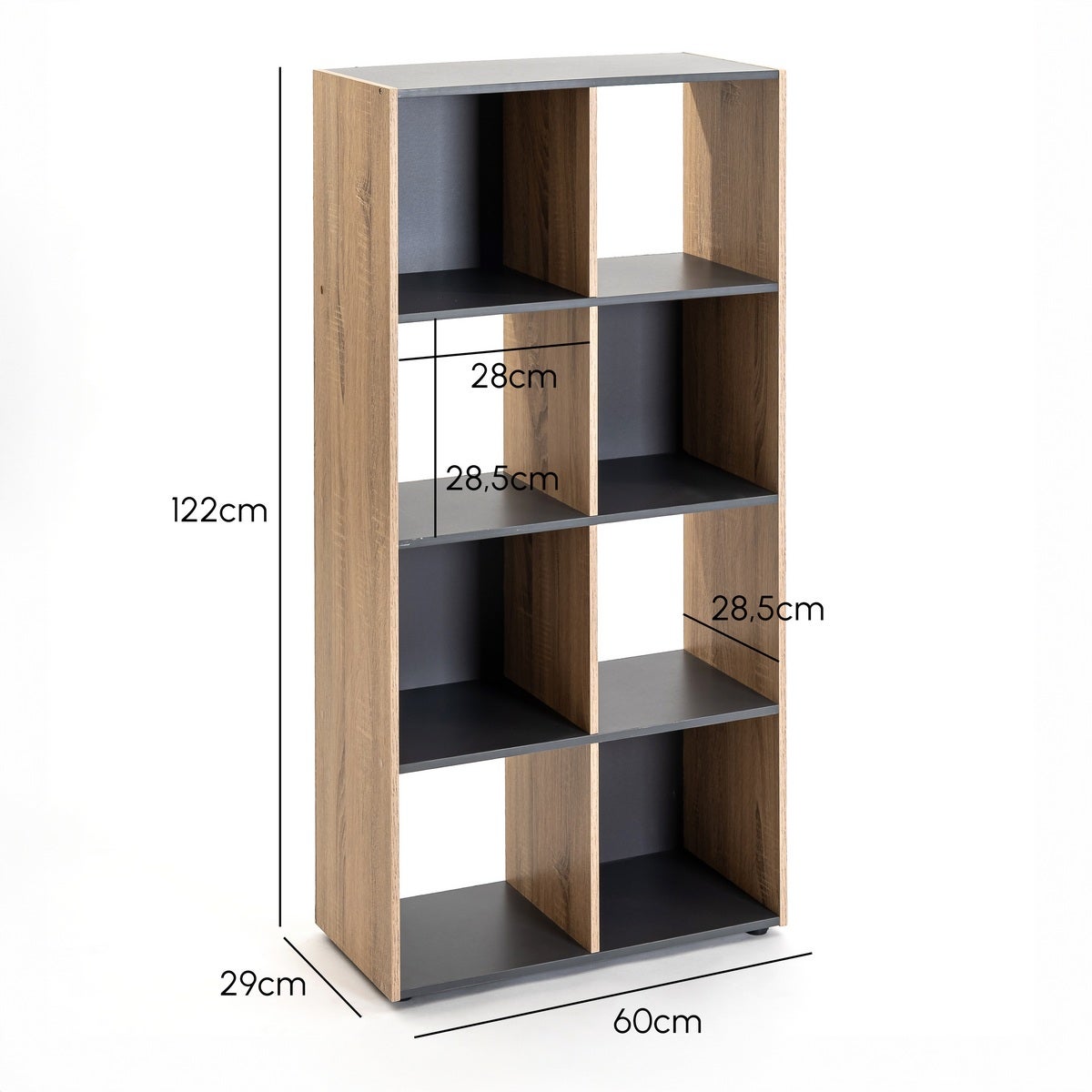 Estante Cubo com 8 nichos laminado cinza e carvalho de 120x60x30 cm