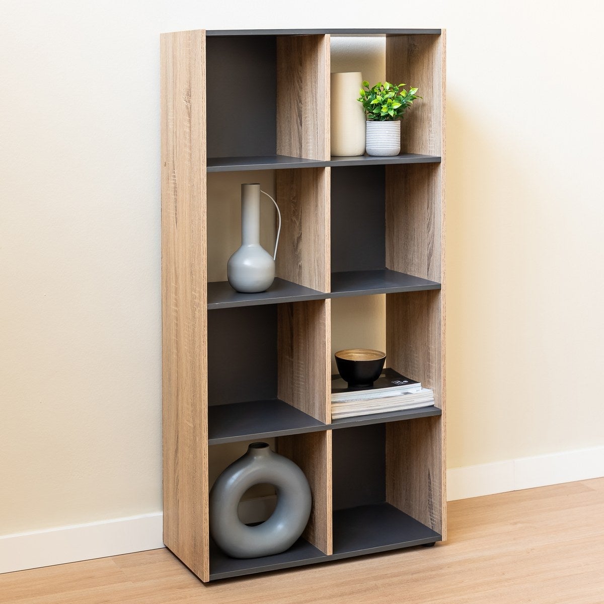 Estante Cubo com 8 nichos laminado cinza e carvalho de 120x60x30 cm
