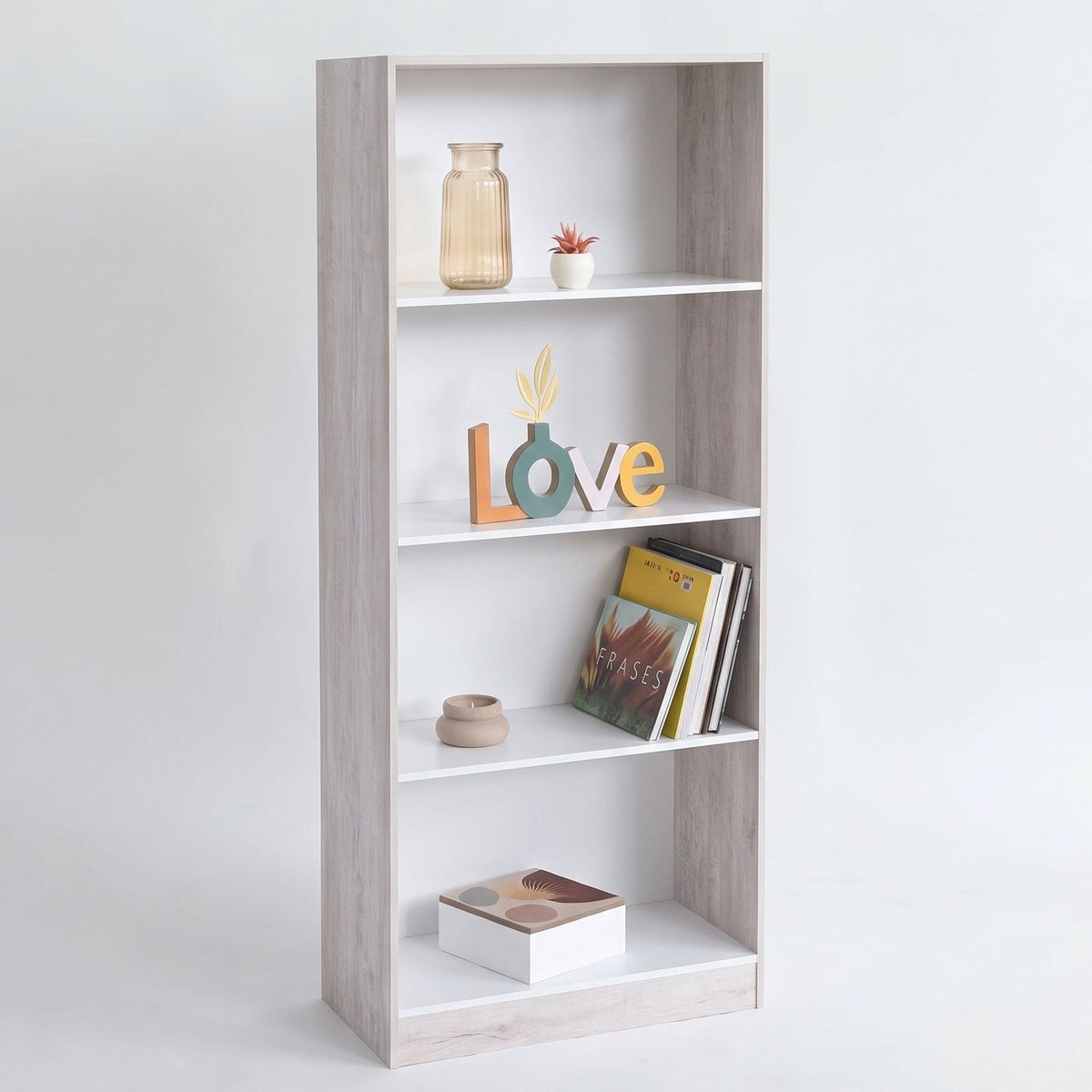 Estantería para libros blanca y fresno con 4 estantes de 147x60x29 cm