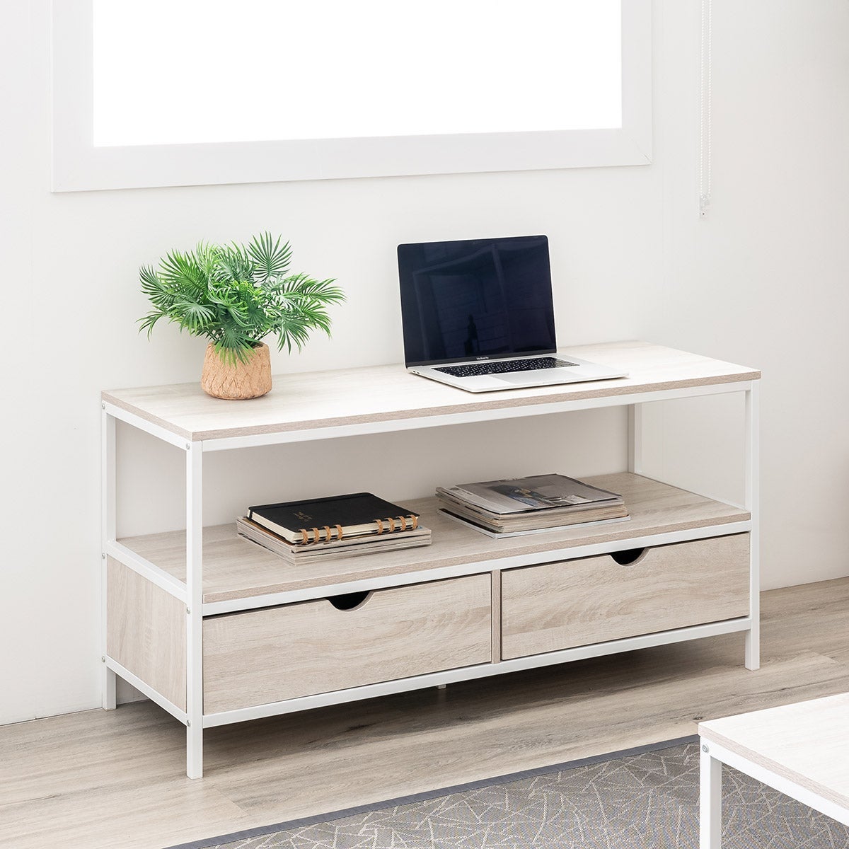 Mueble de TV de acero y tablero blanco y natural de 120x39x57 cm