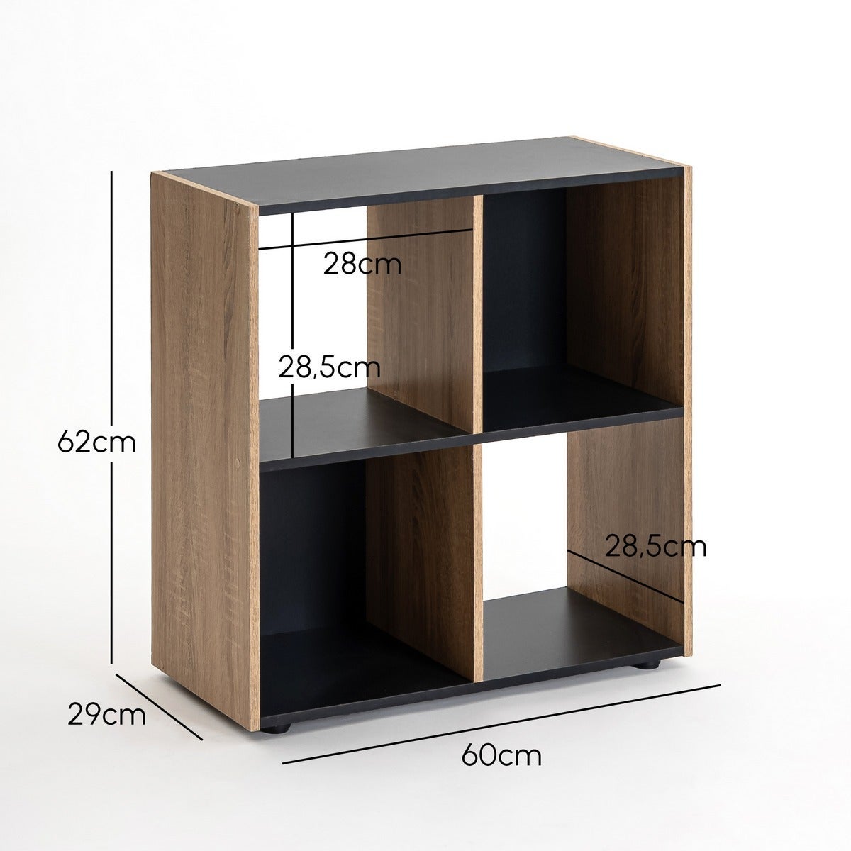 Estantería Cubo de 4 huecos color negro y madera de 60x60 cm