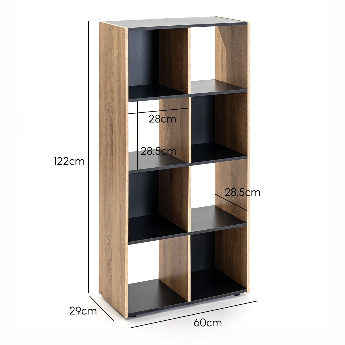 Estantería cubo de madera MDF laminada negra y natural de 120x60x29 cm