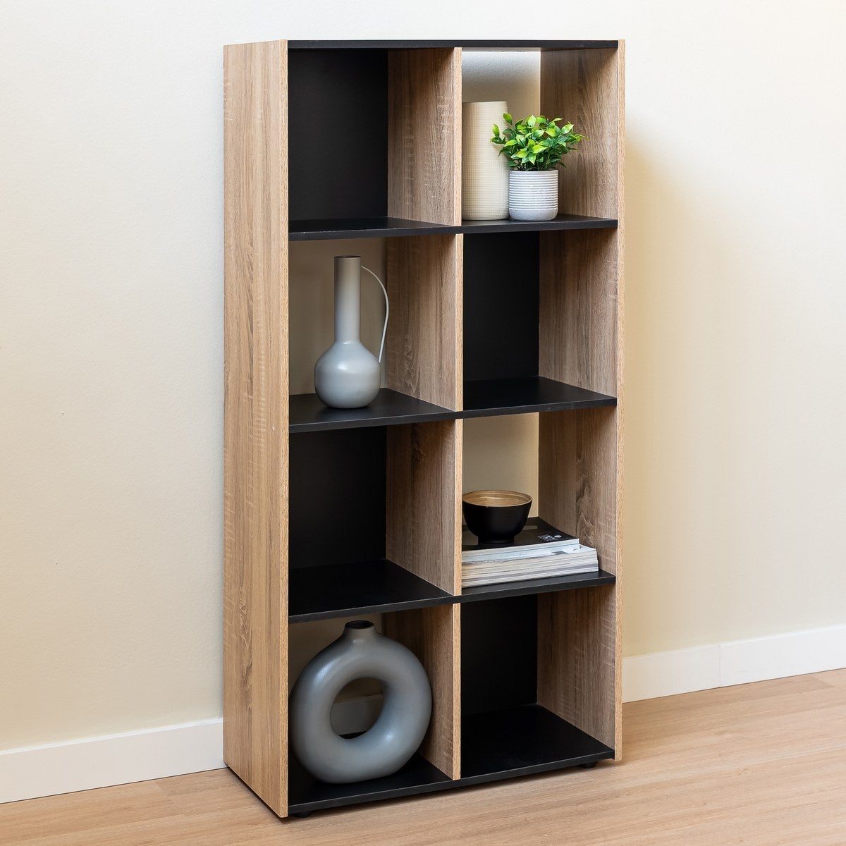 Estantería cubo de madera MDF laminada negra y natural de 120x60x29 cm