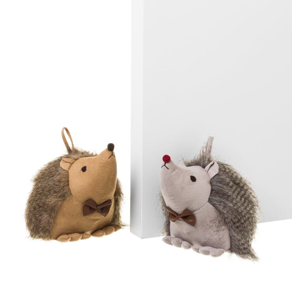 Set de 2 topes de puerta con forma de erizos marrón y gris de 23 cm y 2 kg