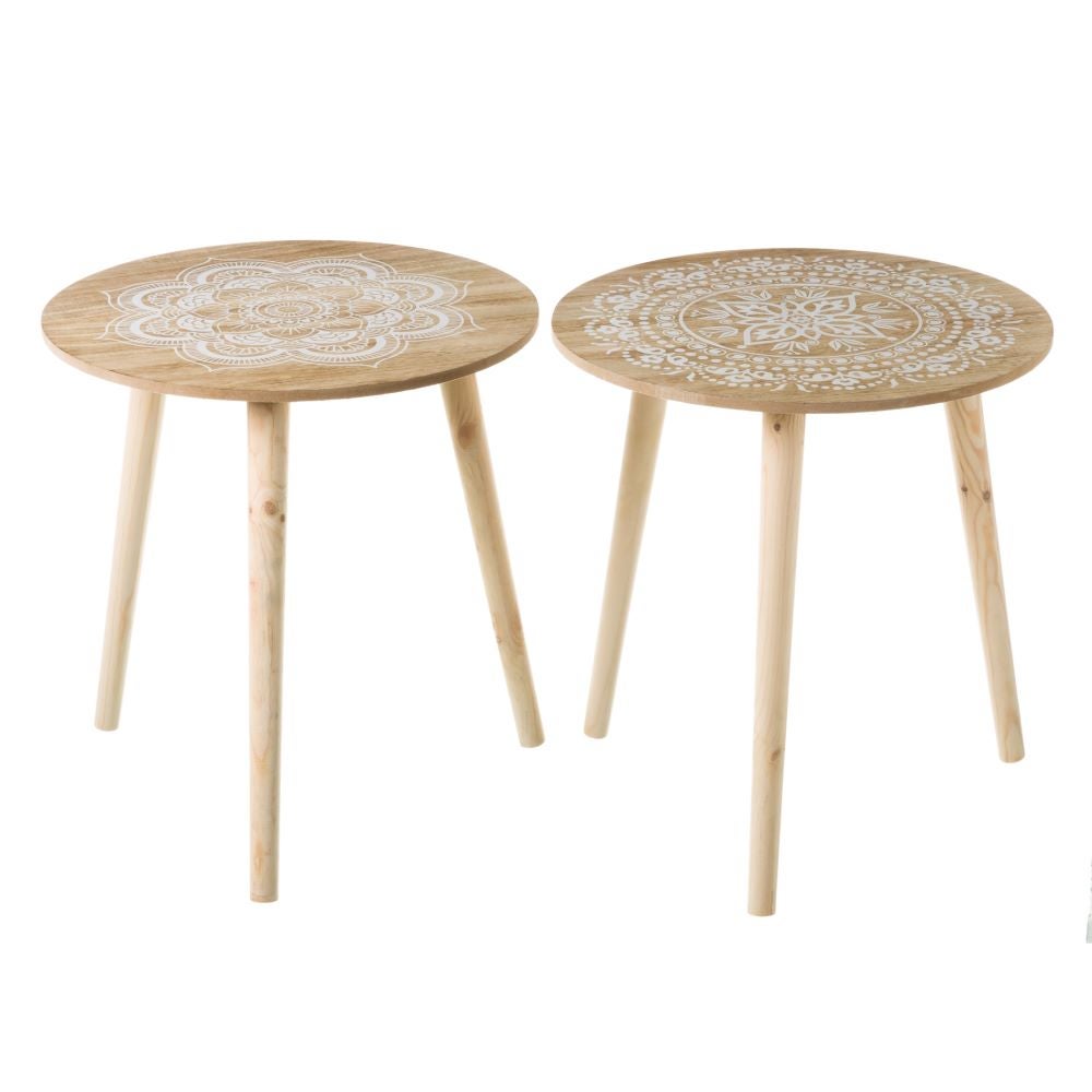 Set de 2 mesas auxiliares redondas de pino con mandala blanco de 40x42 cm