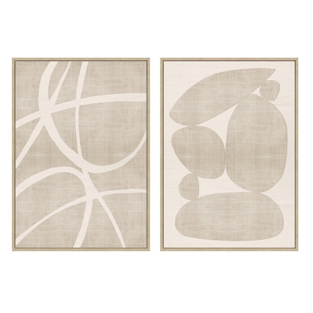 Set 2 cuadros abstractos decorativos beige con marco de 70x50 cm