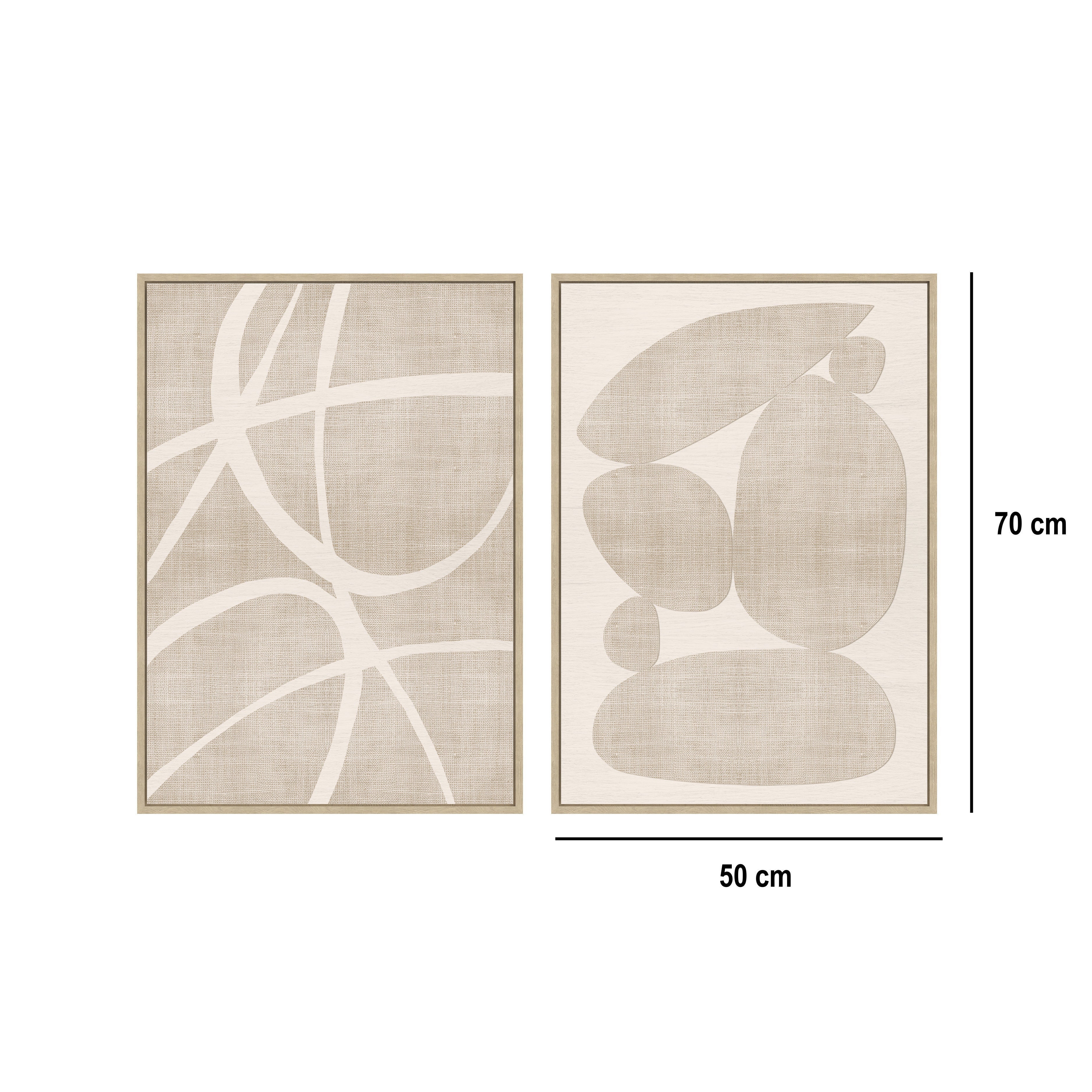 Conjunto de 2 quadros abstratos decorativos bege com moldura de 70x50 cm