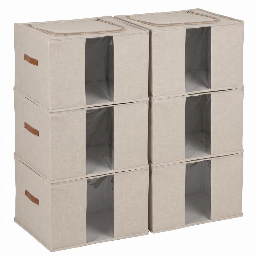 Set de 6 organizadores plegables beige con ventana. 65 litros. 50x42x32 cm