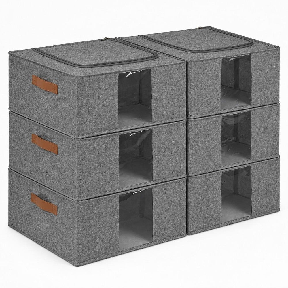 Set de 6 organizadores plegables gris con ventana. 47 litros. 51x34x28 cm