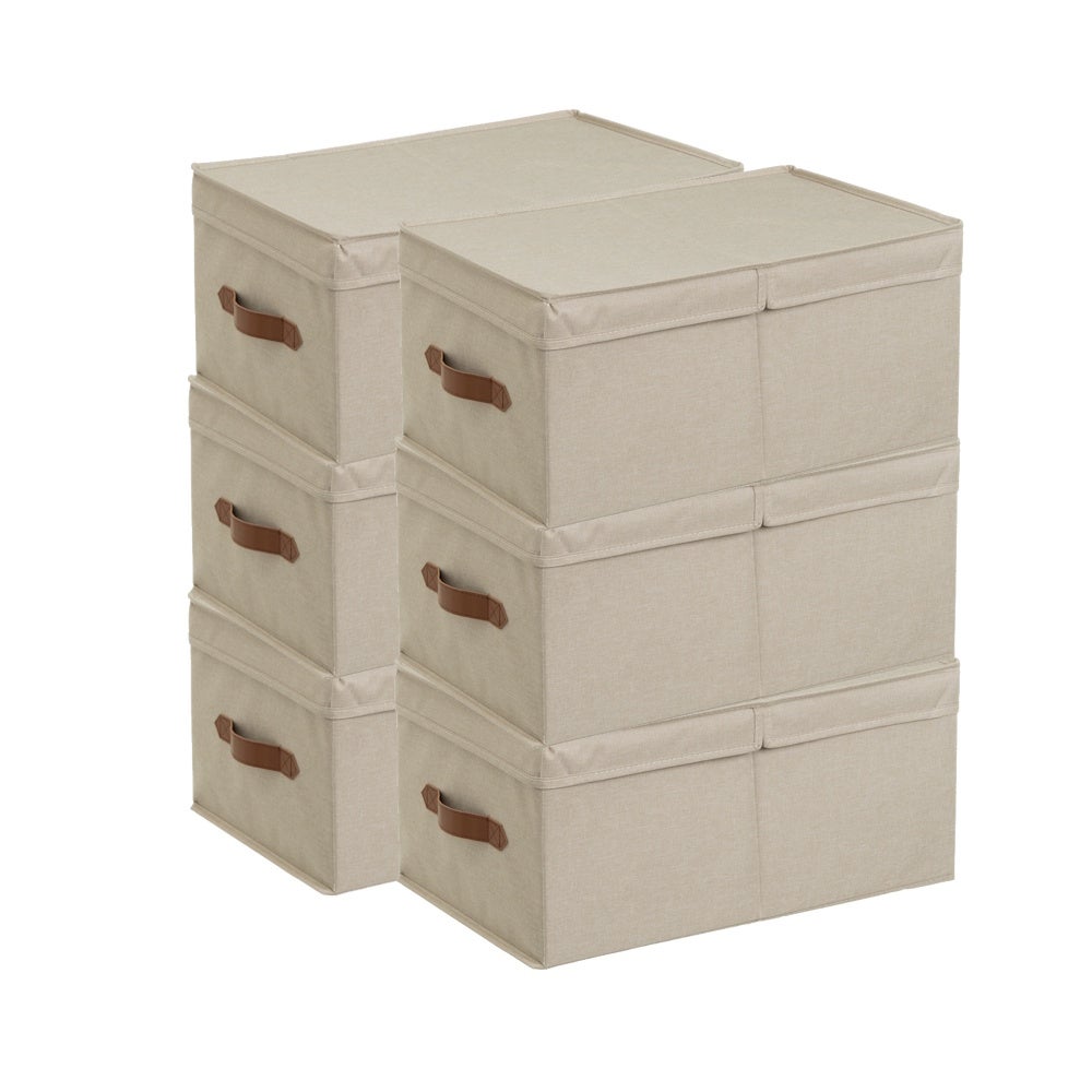 Set de 6 cajas plegables con tapa doble poliéster beige 47x30x22 cm 28 L