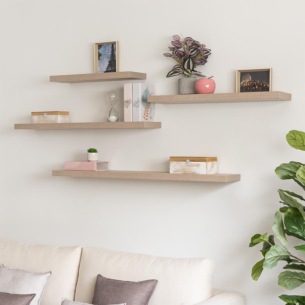 Set de 2 estantes de pared flotantes color madera natural 120x23,5x3,8 cm