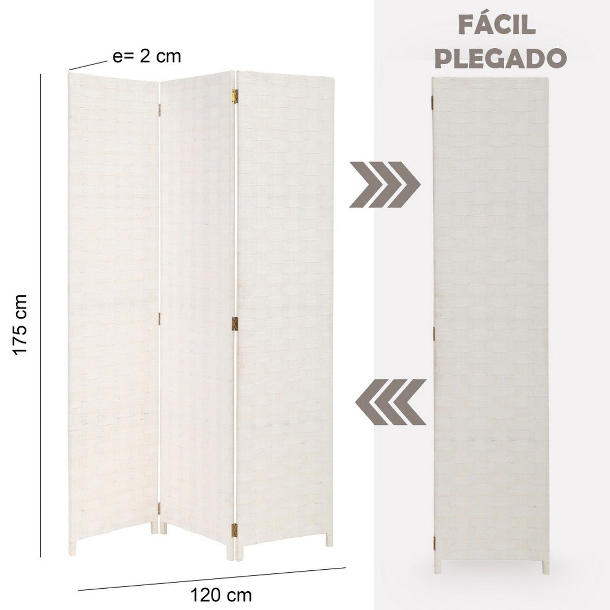 Biombo de papel trenzado blanco plegable en 3 secciones de 120x175 cm