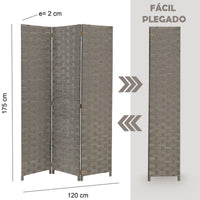Biombo de papel trenzado gris plegable en 3 secciones de 120x175 cm