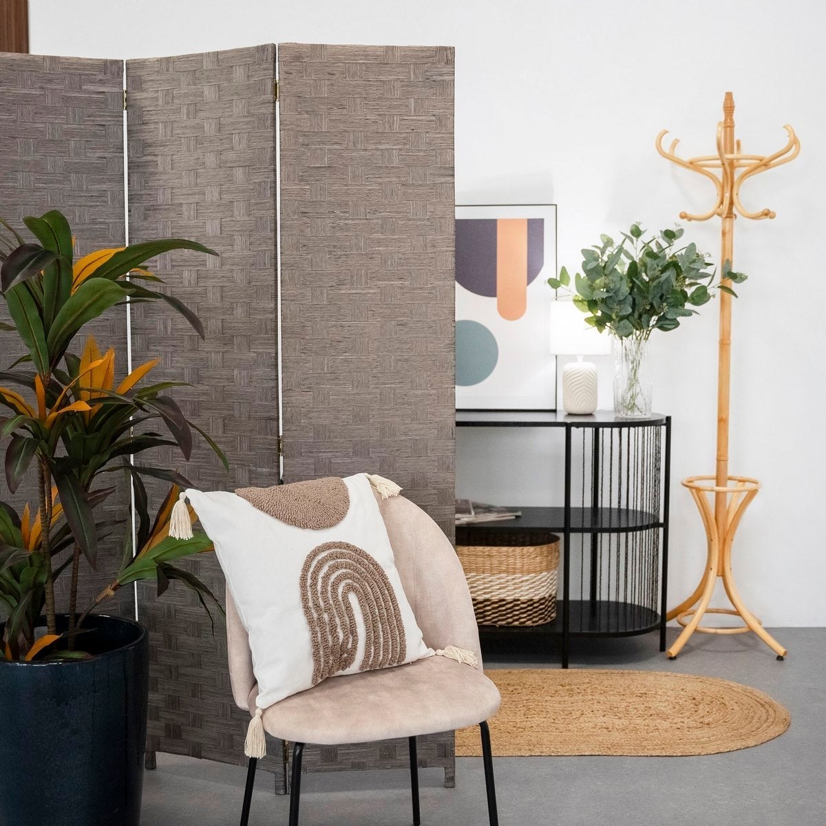 Biombo de papel trenzado gris plegable en 3 secciones de 120x175 cm