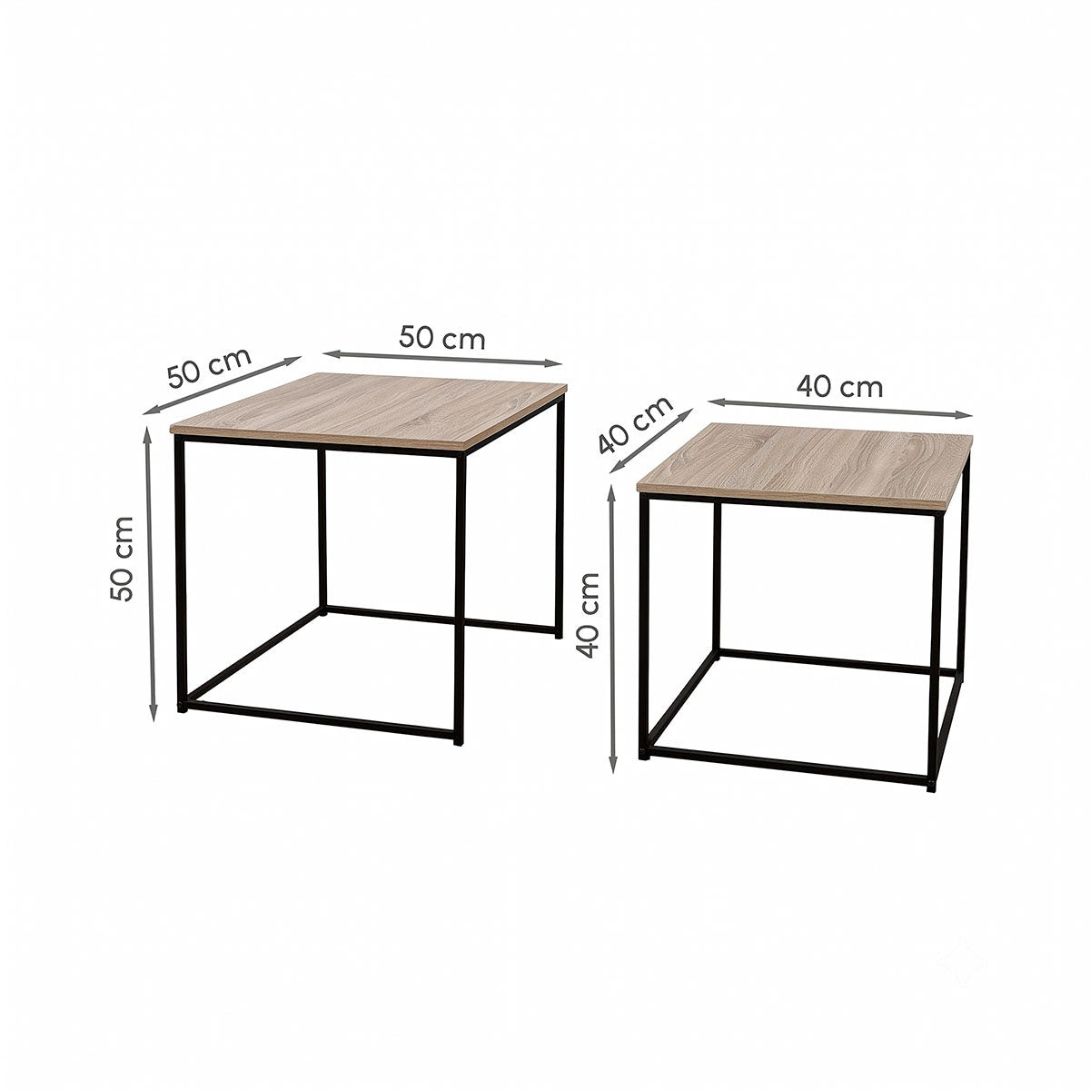 Set de 2 mesas de centro nido de madera natural y metal negro de 50x50cm